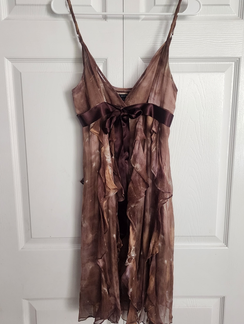 Y2K BCBG MaxAzria Brown Whimsical Tie- Dye Babydoll Ruffle Silk Dress, Sz 10